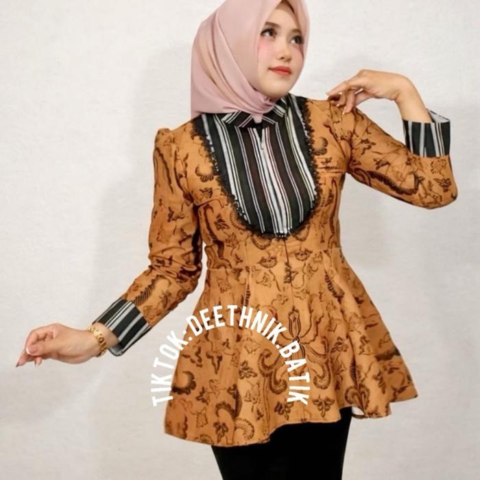 Blus batik wanita model peplum warna sogan laseman mix lurik prasojo design by deethnik batik
