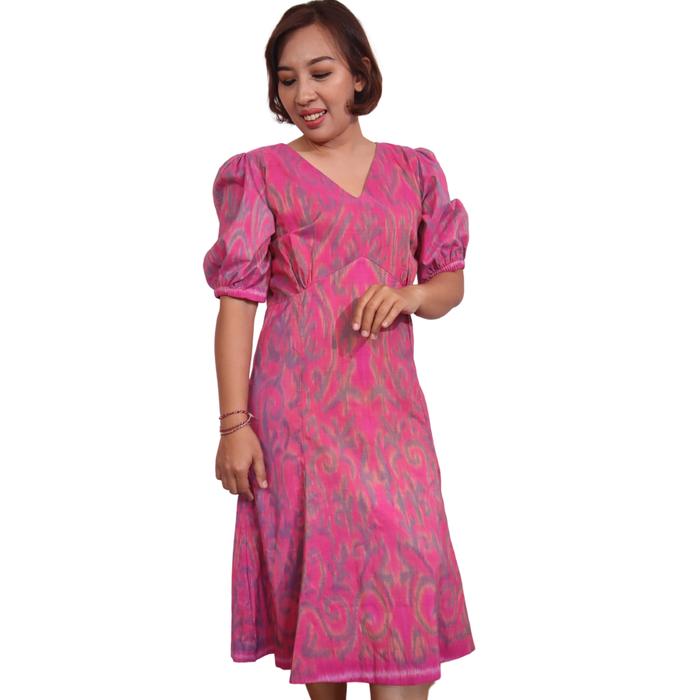 Dress Wanita Tenun Endek Airbrush Elegan, Dress Pink Tenun, Dress Formal, Dress Pesta Elagan, Dress