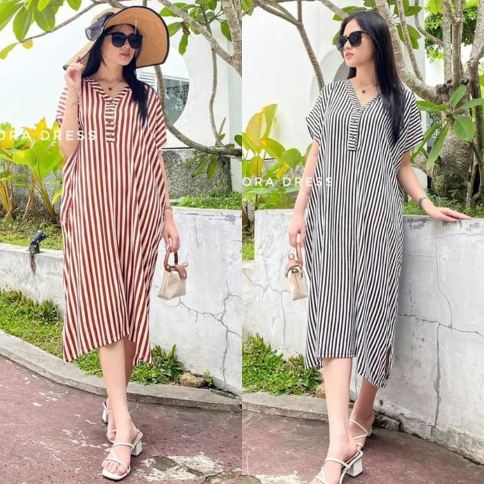 Diora Dress Daster Blaster Busui Friendly Jumbo Kain Rayon Crinkle Airflow Motif Salur Kerah V Kanci