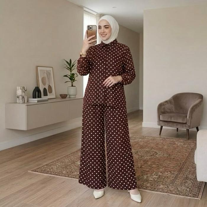 [COD] One Set Polkadot| Setelan Atasan Baju Tunik Wanita Muslim Remaja Dewasa Celana Kulot Motif Pol