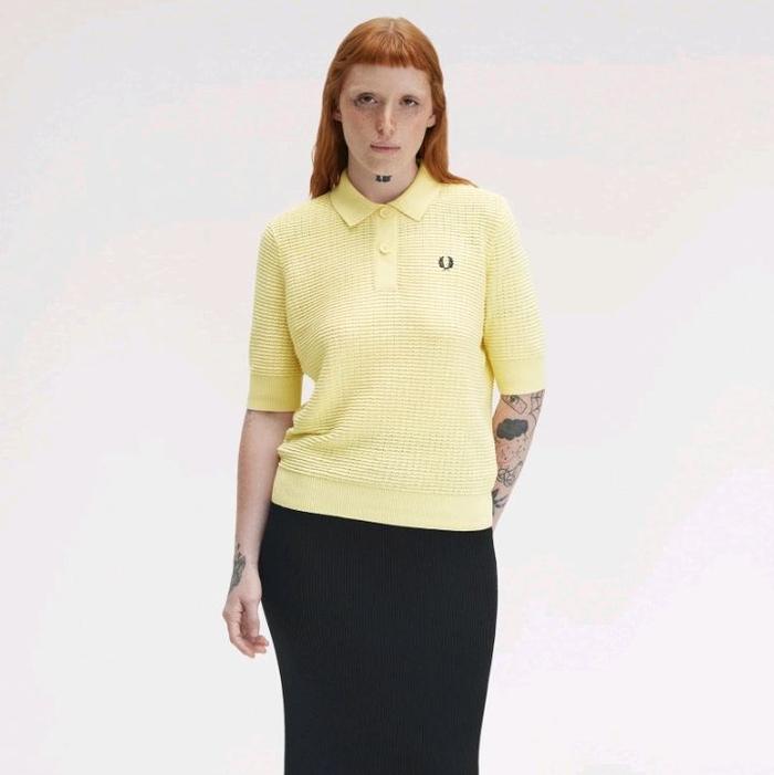 FRED PERRY WOMEN POLO SHIRT - TEXTURED KNIT POLO SHIRT - CHAMPION'S GOLD - 100% ORIGINAL