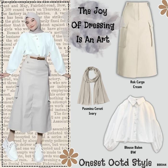 Oneset Ootd Style (Rok Cargo Cream, Blouse Lengan Balon, Jilbab Pasmina) Setelan Baju Wanita Ala Ulz