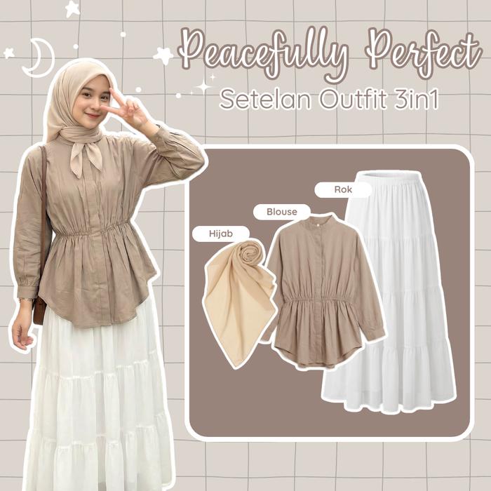 One Set Rok Untuk lebaran | Blouse Kemeja, Rok Susun, Hijab Square | Daily OOTD One Set, Setelan Leb
