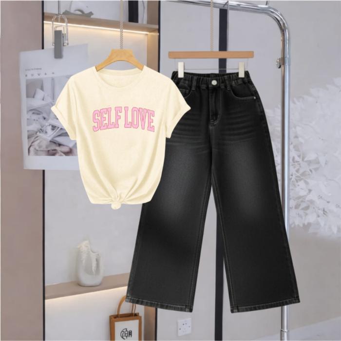 Setelan Jeans panjang dan atasan kaos tanggung cewe usia 9-12 tahun Katun 24s self love