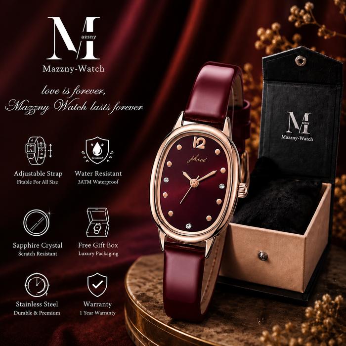 Jam Tangan Analog Wanita Model Oval Rose Gold Dial Mutiara Merah Anggur Tali Kulit Halus Berhias Zir