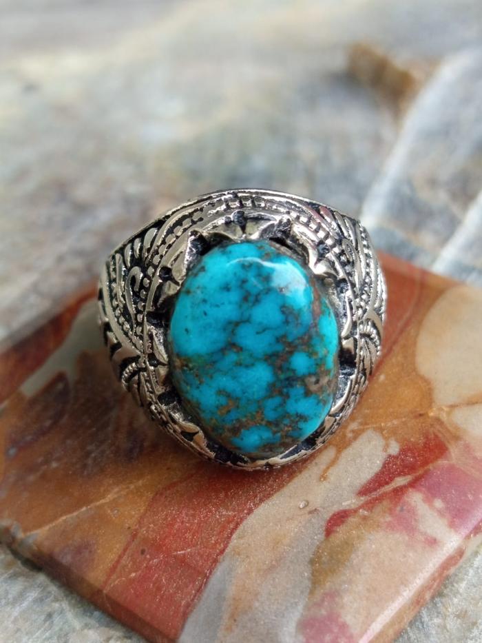 Pirus Persia Biru Top Color BodyGlass Ring Alpaka Ukir
