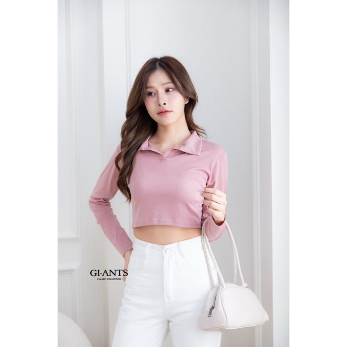 Atasan Wanita Kaos Kerah Crop Top Lengan Panjang Korean Style Giants Basic GI046 Import Bangkok Bkk