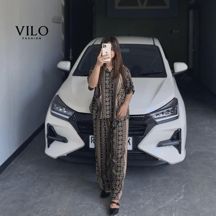 VILO - One Set Etnik Katun Rayon Premium / Setelan Piyama Baju Celana Daily Etnik Lengan Pendek Cela