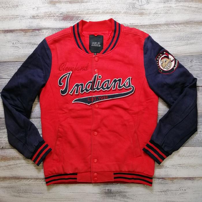Jaket Outwear Varsity MLB Non Hoodie Biglogo Unisex Merah Anti Angin dengan Desain Cleveland Indians