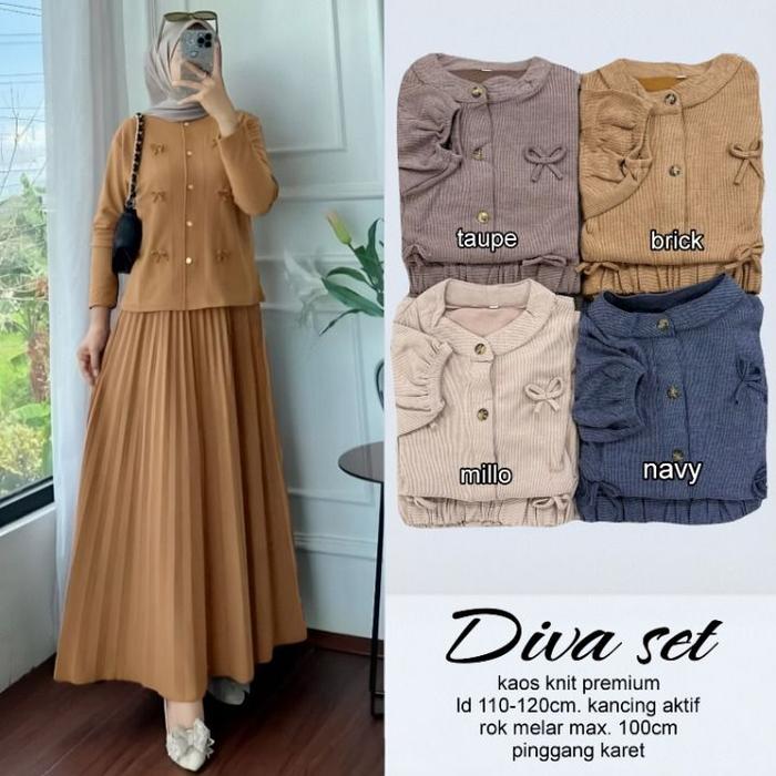 Setelan Wanita Baju Dan Rok Diva Set Kaos Knit Premium Tebal Melar Adem Kancing Baju Aktif