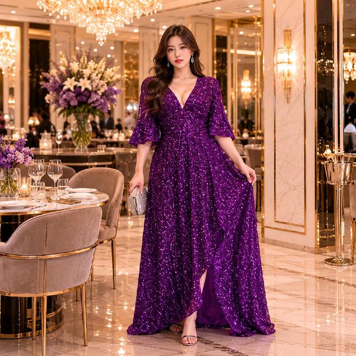[Big Size] Gaun Pesta Sequeen Berlengan Jumbo Dress Party Dress Sequin Ungu Dan Merah Premium   Gaun
