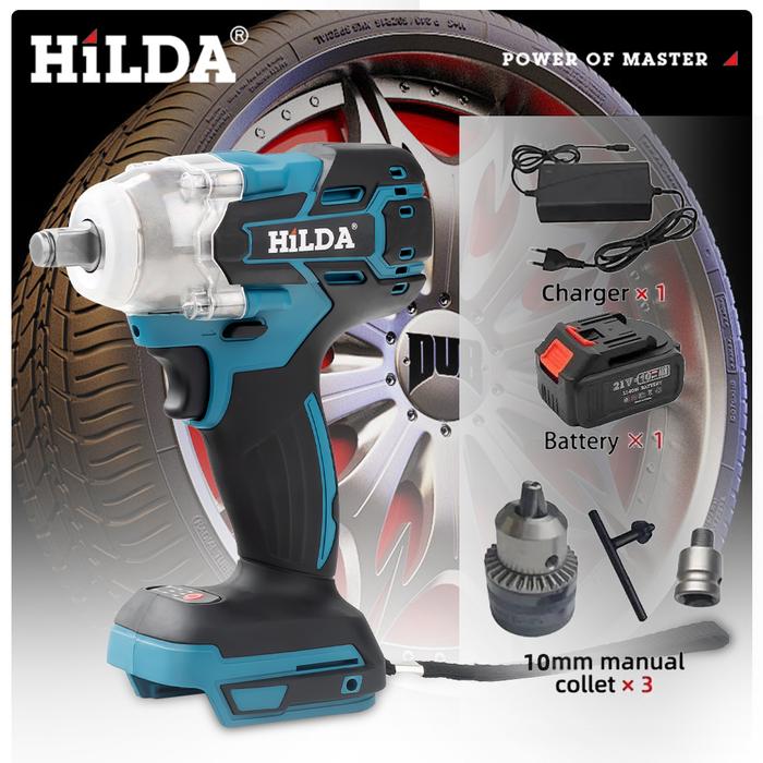 HILDA 18V Cordless Impact Wrench Brushless High Torque Impact 1/2 Inch Car Wrench Power Tools