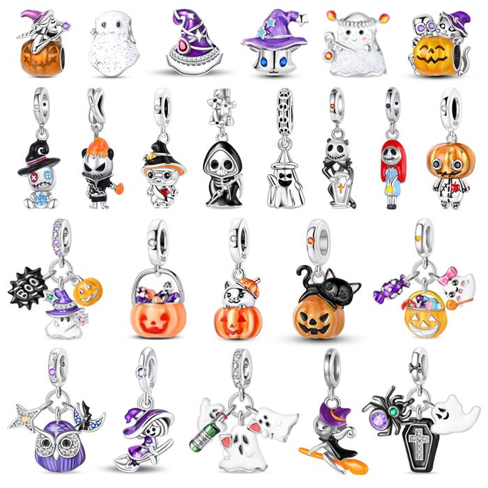 Hot Sale 925 Sterling Silver Pumpkin Head Beads & Flying Witch Dangle Charm Fits Bracelet Halloween 