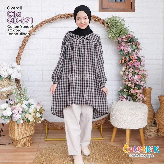 57. TERBARU ! SET SETELAN BAJU MUSLIM HEM KOTAK HITAM PUTIH CELANA CREAM CHINOS PANJANG KULOT FASHIO