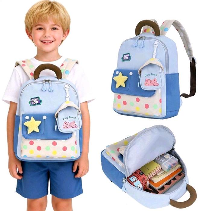 Tas Sekolah Anak Motif Bintang dan Polkadot Biru 33cm x 25cm x 11cm dengan Tas Kecil Lucu ringan sim