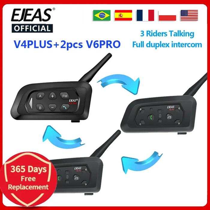EJEAS V4 PLUS + 2PCS V6 PRO 3 Riders Helmet Intercom Bluetooth