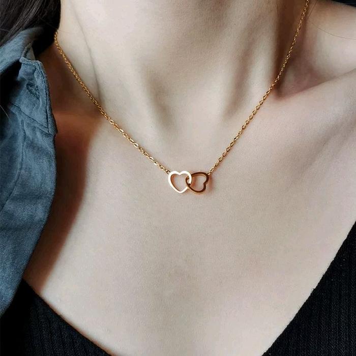 Kalung Titanium Wanita LOVE KEMBAR Mewah Elegan Aksesoris Fashion Anti Karatan Dan Tidak Luntur Hari