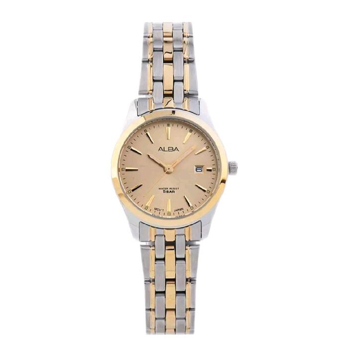 ALBA AH7BN4X1 Jam Tangan Wanita dengan Dial Emas dan Tali Stainless Steel Dua Warna