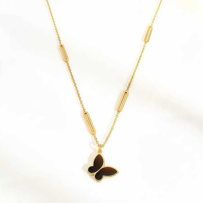 K279 Kalung Titanium wanita Liontin Kupu-kupu Hitam Elegant Lapis Emas 18KGP
