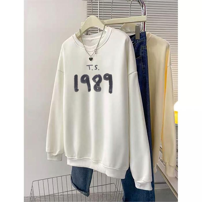A1044 Forteid Sweater Nomor "1989" Sweater Hitam Panjang Muda Leher Bulat Dasar Sweater Leher Bulat