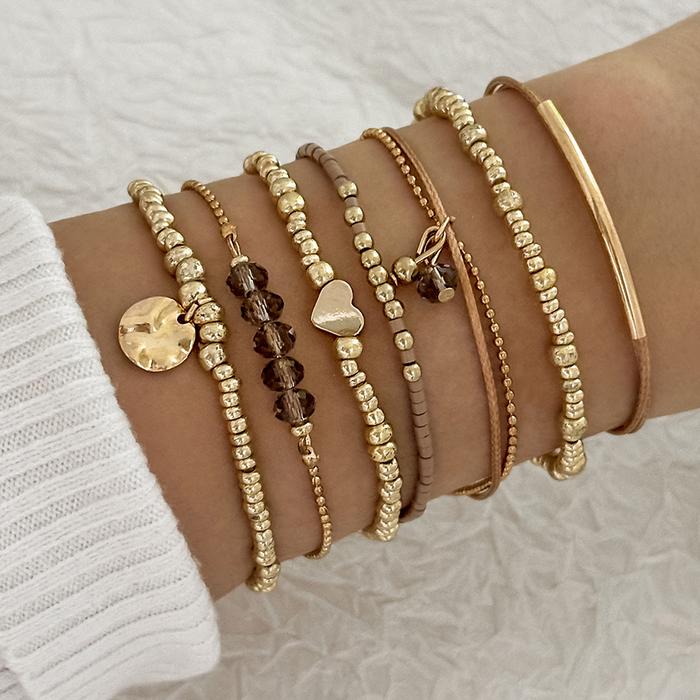 7Pcs/Set Bohemian Style Heart Beads Round Pendant Adjustable String Beads Bracelet CCB Elastic Brace