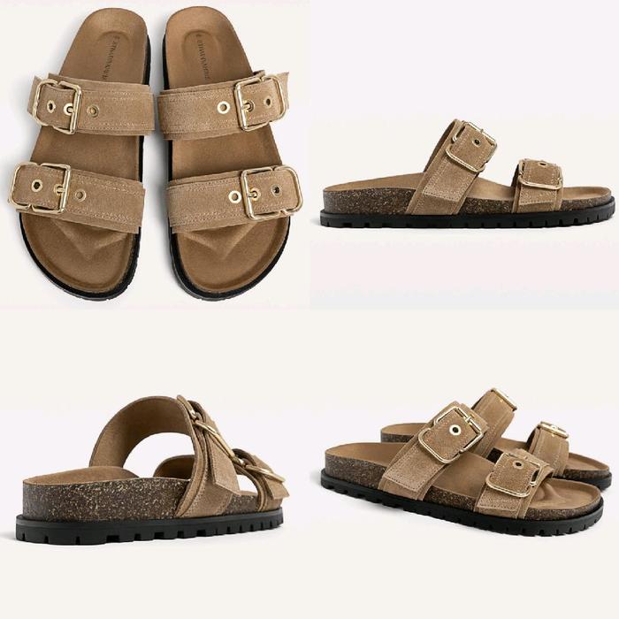 STRADIVARIUS SANDAL SENDAL DOUBLE BUCKLE SUEDE  FLAT BROWN BARU ASLI ORIGINAL