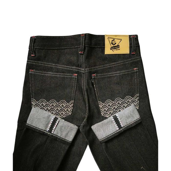 Evolusion Celana Selvedge Denim Pria Celana Jeans Pria 15 Oz Black Indigo Accent Denim - FLOWER, 25/