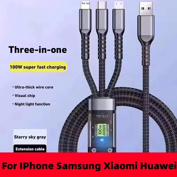 Luminous data cable 3 in1 mobile phone charging cable 100W fast charge braid typec data cable for iP
