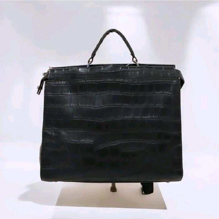 Fendi Mens Black Monster Eyes Croc Leather Peekaboo Selleria Bag
