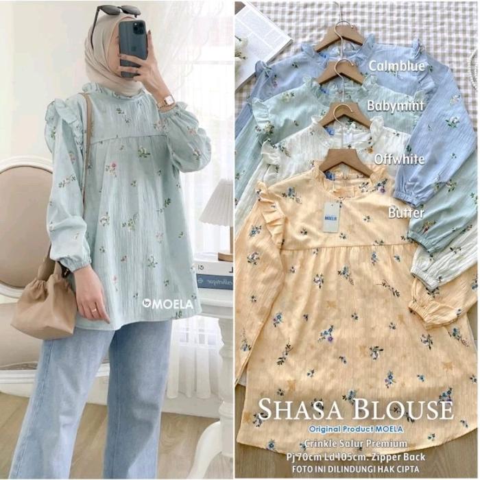 Blouse Motif Bunga Atasan Tunik Shasa Fab Crinkle Salur Premium Original Berlabel Moela Murah Sale D