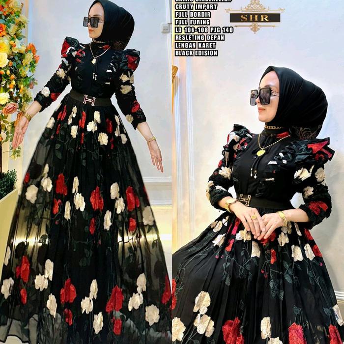 Maxi Dress Kondangan Wanita Muslim Princes Raiya  Ceruty Bordir ORI SHR FREE SABUK