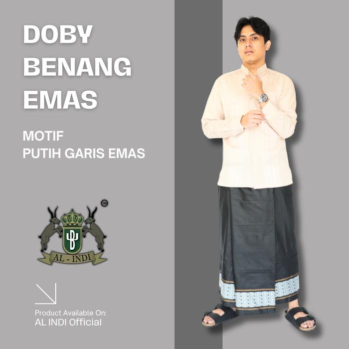 Sarung Santri PREMIUM AL INDI - Doby Benang Emas Motif Garis Putih Tenun Pria Dewasa Muslim Kain Son