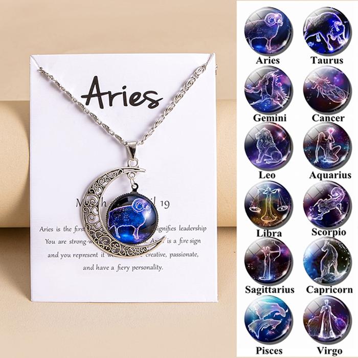 Vintage 12 Zodiac Sign Moon Pendant Necklaces Galaxy Star Glass Necklace For Women Girls Gifts