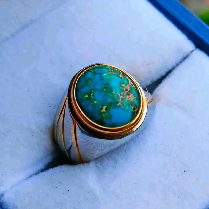 Cincin Batu Pirus Persia Serat Emas Super mewah size kantoran