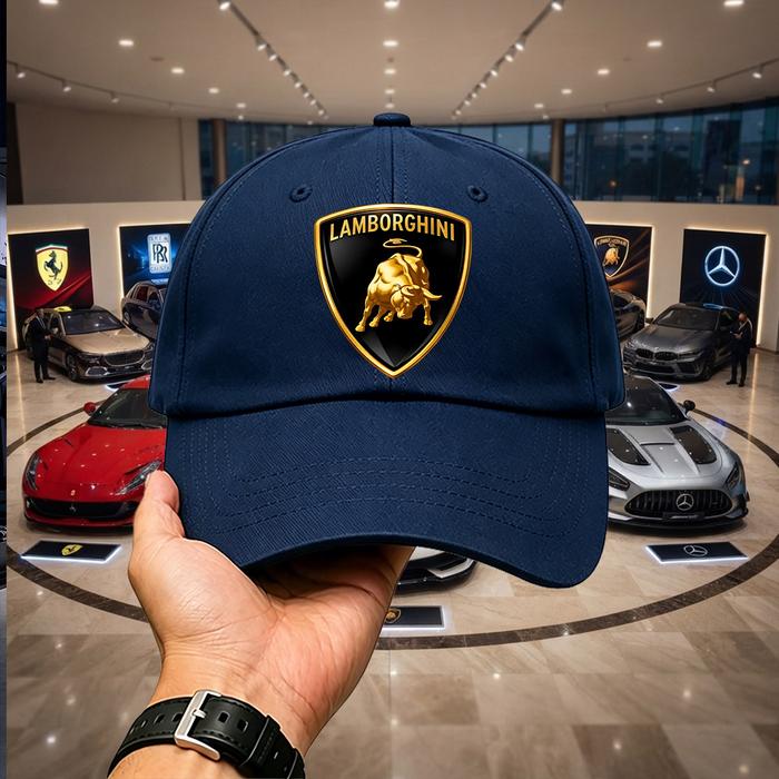 Topi Lamborghini Navy Blue Gambar Logo Banteng Emas Emblem Perisai Mobil Mewah Balap Hypercar Keren 