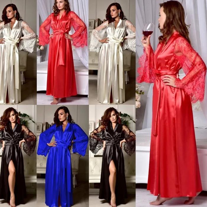 Sexy Nighties Lingerie Plus Size Sexy Pajamas Gown Imitation Ice Silk Lace Long Sleeve Women's Pajam