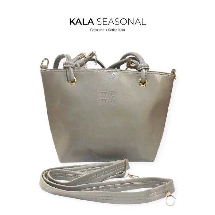 KALA SEASONAL Tas Selempang Wanita MiuMiu Style Tote Bag Elegant Grey Glossy Premium dengan Tali Bah