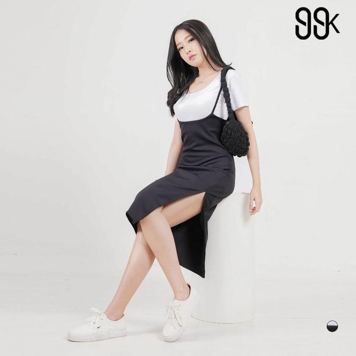 Ready.. 99kOUTLET One Set Atasan Cropped U Neck Lengan Pendek + Bodycon Midi Dress Spaghetti Strap W
