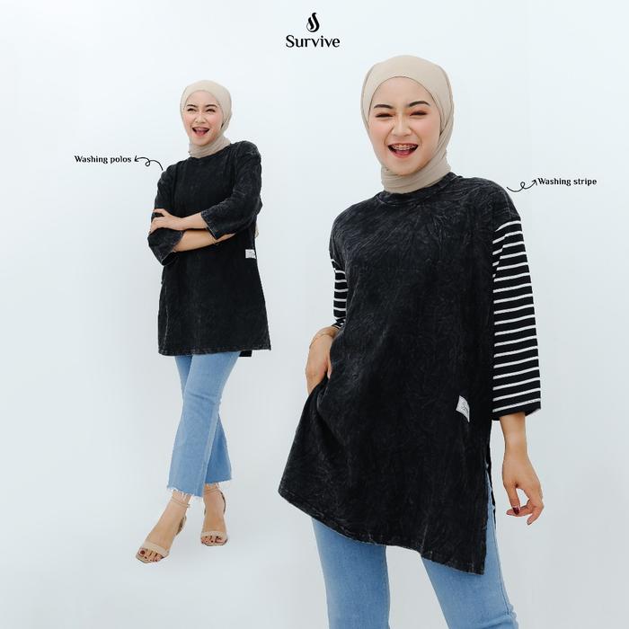 Ready- SURVIVE | Kaos Tunik Wanita Oversize Snowblack/Washing Polos