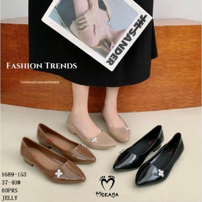 MOKAYA Sepatu Jelly Wanita Glossy Hak Pendek Hias Bunga Silver Kecil - Super Ringan Nyaman Anti Slip