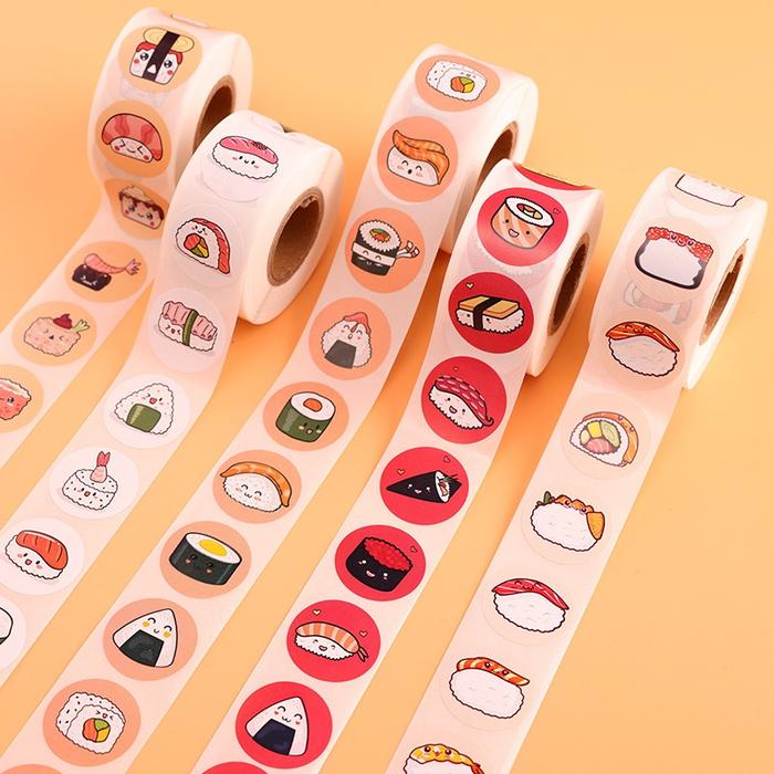 2 Roll/1000Pcs Stiker Deco Motif Sushi Food Stiker Hias