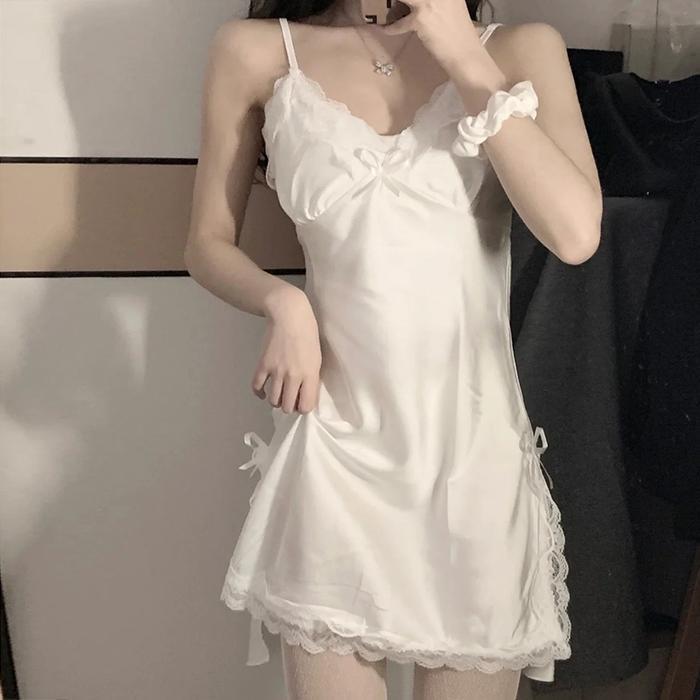 Foona BT001 Baju Tidur Lingerie Wanita Korea Sexy Dress Satin Mini Dewasa Hitam Piyama Panjang Gaun 
