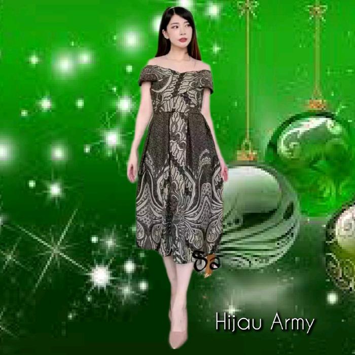 Baju Gaun Kondangan Wanita Sabrina Midi Dress Natal Korea Hijau Army