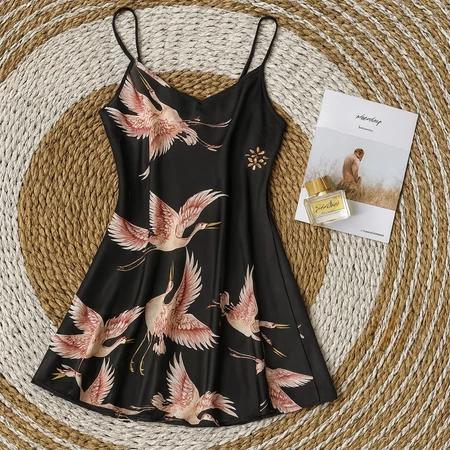 Daster Satu Tali Bahan Satin Premium Flaminggo Bunga Warna Hitam Sexy