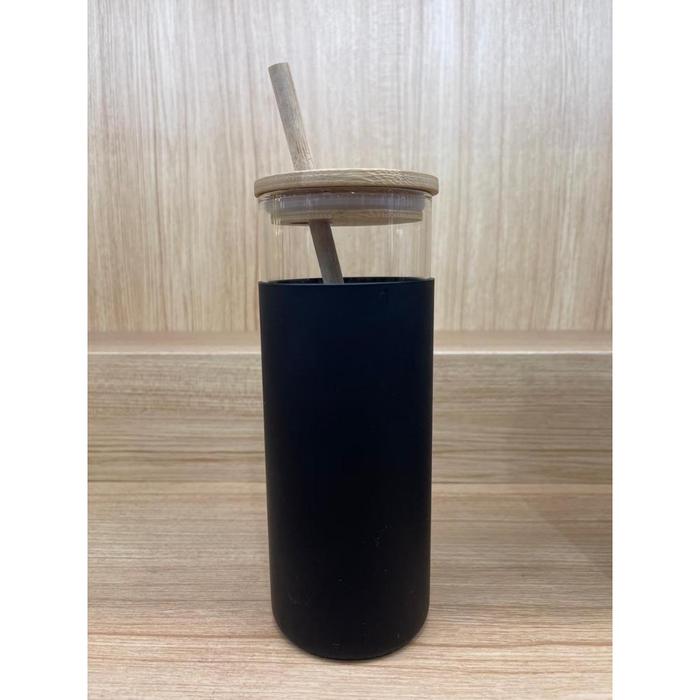 Gelas Kaca Silikon Aesthetic + Sedotan Bambu Botol Minum Kaca + Tutup Sedotan bambu