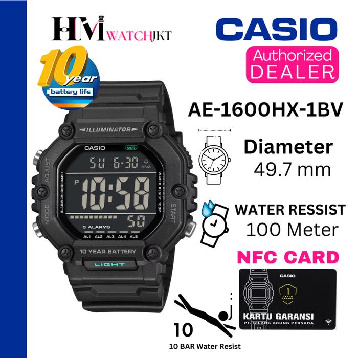 CASIO AE-1600HX-1BVDF Jam Tangan Pria Original Digital Rubber Antiair AE-1600HX-1BV AE-1600H