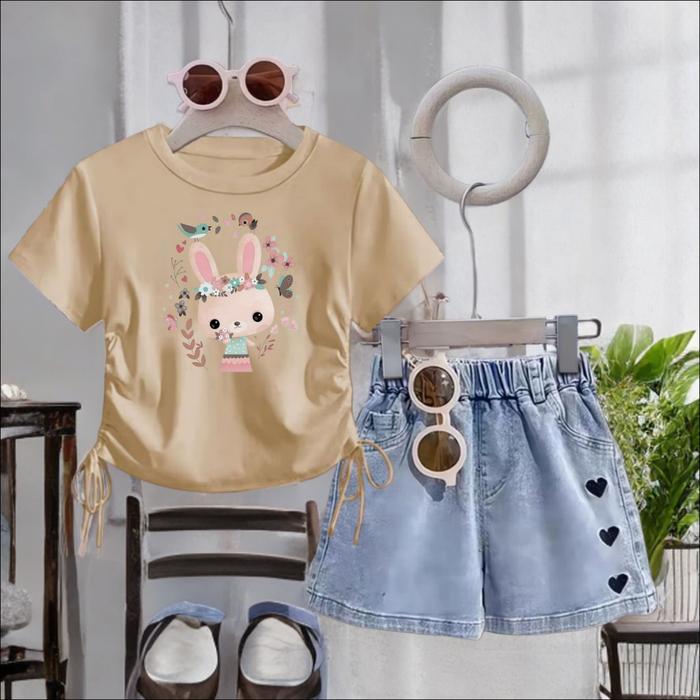 Setelan anak perempuan Crop Bunny dan celana levis denim usia 1 2 3 4 5 6 7 8 9 10 11 12 Tahun baju 
