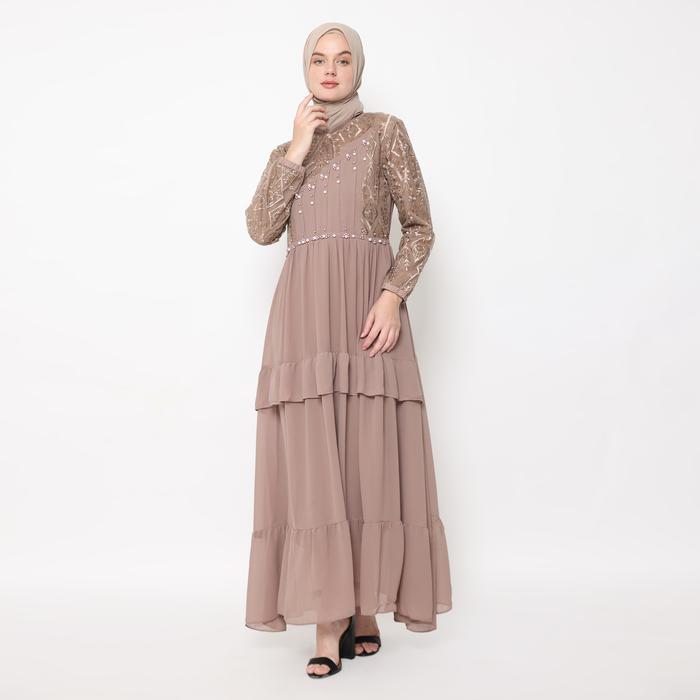 Lunnabby Gamis Yasmine Ceruty Brokat Mutiara Tanam - Warna Cokelat Muda, Taro, Peach, LD 108, Panjan