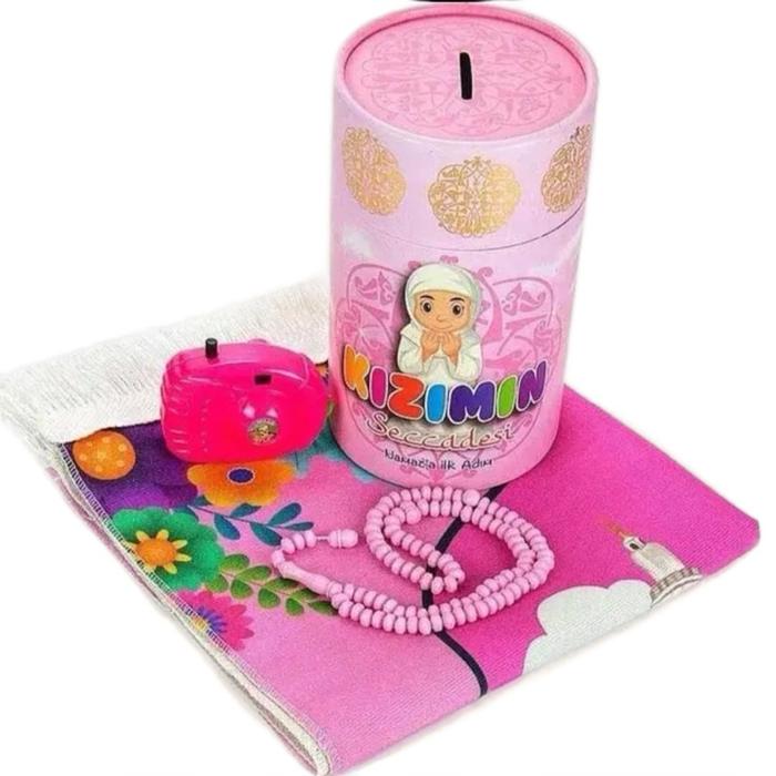 Zaafirah - Paket Sajadah Anak dan tasbih serta kamera mainan gambar mekah dengan kemasan celengan lu