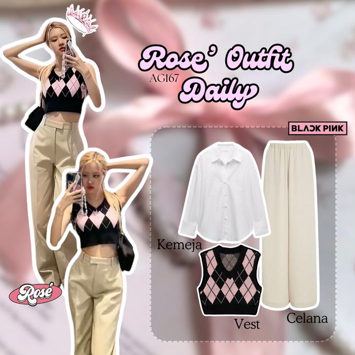 Inspo OOTD Rose Blackpink One Set 3in1 Outfit Set Rose Kemeja Putih + Vest Diamond Pink + Celana SET